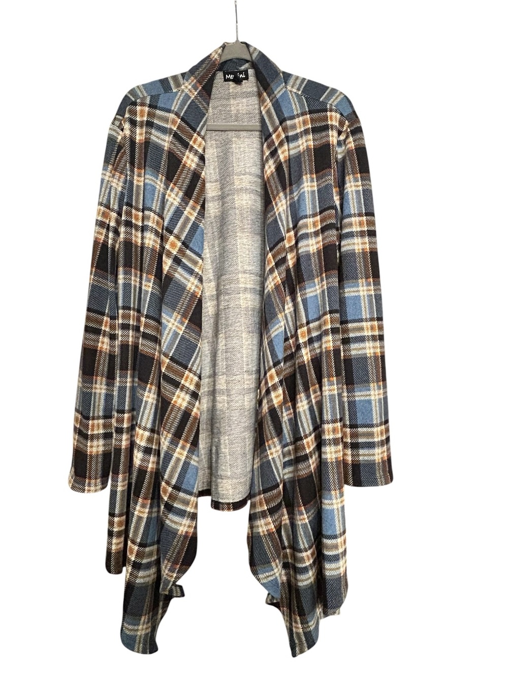 Messini Plaid Waterfall Cardigan Open Front Draped Jacket Size L